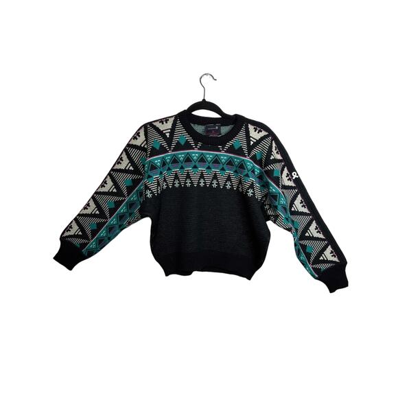 Demetre 80s 90s Virgin Wool Ski Sweater Women's Himalaya Vintage Black Teal M - Picture 1 of 12